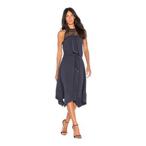 Ramy Brook Lylah Ruffle Hem Midi Dress XS Navy Blue Sleeveless Tie Waist